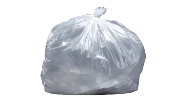 Trash Bag: A transparent plastic trash bag, fully loaded and ready for removal, symbolizing waste, disposal, and environmental responsibility.