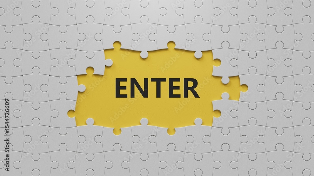 Poster enter.3d illustration of the white puzzle pieces with missing pieces.close up of the white puzzle pi
