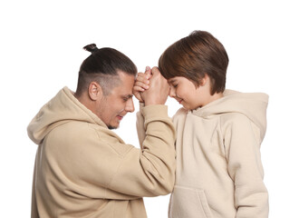 Father with his son on white background