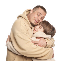 Father with his son on white background