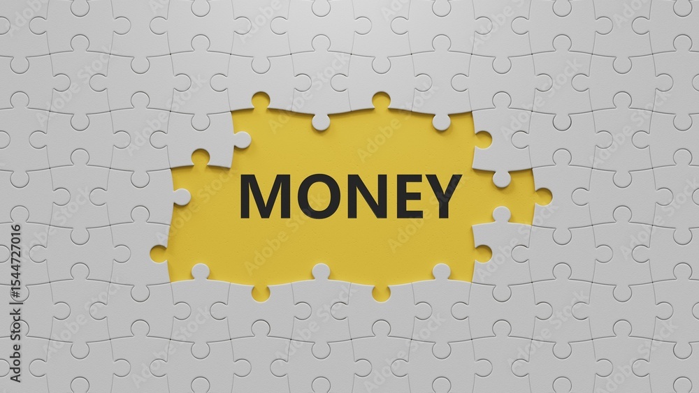 Poster money. spelling.flat lay view from above on yellow background with buttons