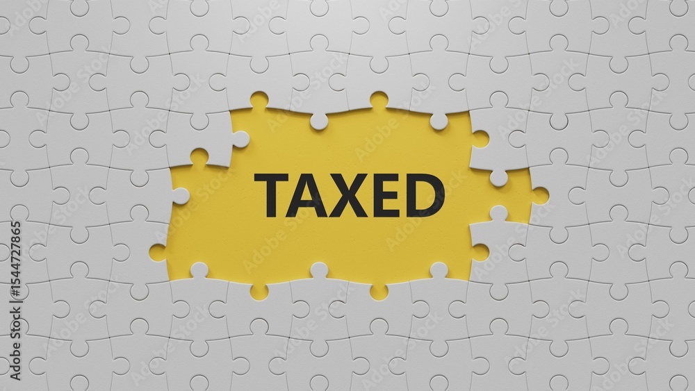 Poster the white puzzle pieces with missing pieces with taxed business word.close up of the white puzzle pi