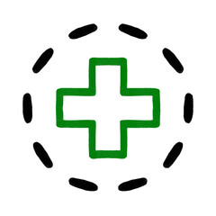 Obraz premium Medical symbol with green cross surrounded by a dashed circle drawn with a black outline