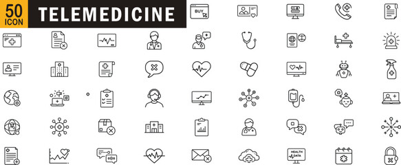 Telemedicine editable outline icon set. Remote healthcare digital consultation online medical support diagnostics and more.
