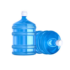 Two large blue plastic water bottles one standing and one lying down on a black background studio shot