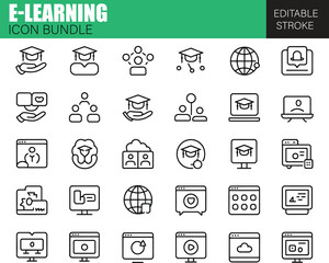High-Quality Vector Icon Collection Focused on Online Education, E-Learning Platforms, Virtual Training Programs, and Digital Study Materials