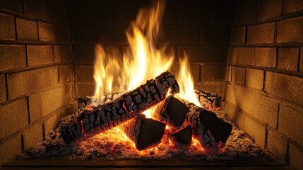 Cozy fireplace with burning wood