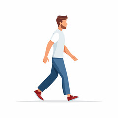 Fototapeta premium A man with a beard strolls casually, wearing a white t-shirt and blue pants.