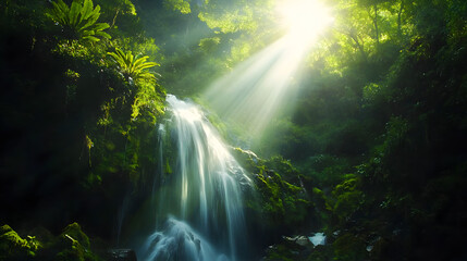 A crystal-clear waterfall flowing from a mountain, surrounded by wild vegetation and rocks with the sun shining brightly overhead.