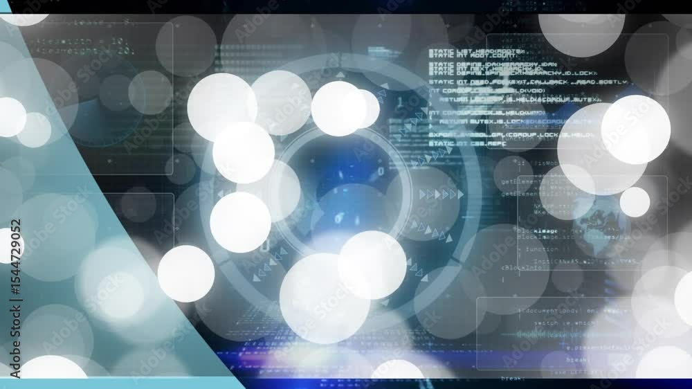 Poster digital ui activating floating white orbs rising while pulsing hud and cyan panel showing code, map