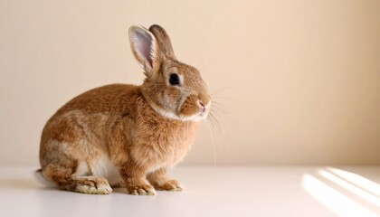 Obraz premium A brown rabbit sits attentively on a plain beige background, showcasing its detailed fur texture.