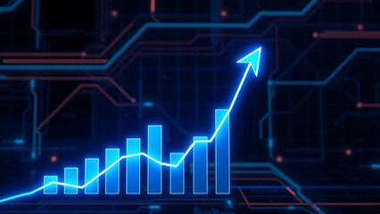 Naklejka premium Blue glowing bar graph with upward arrow on digital circuit background