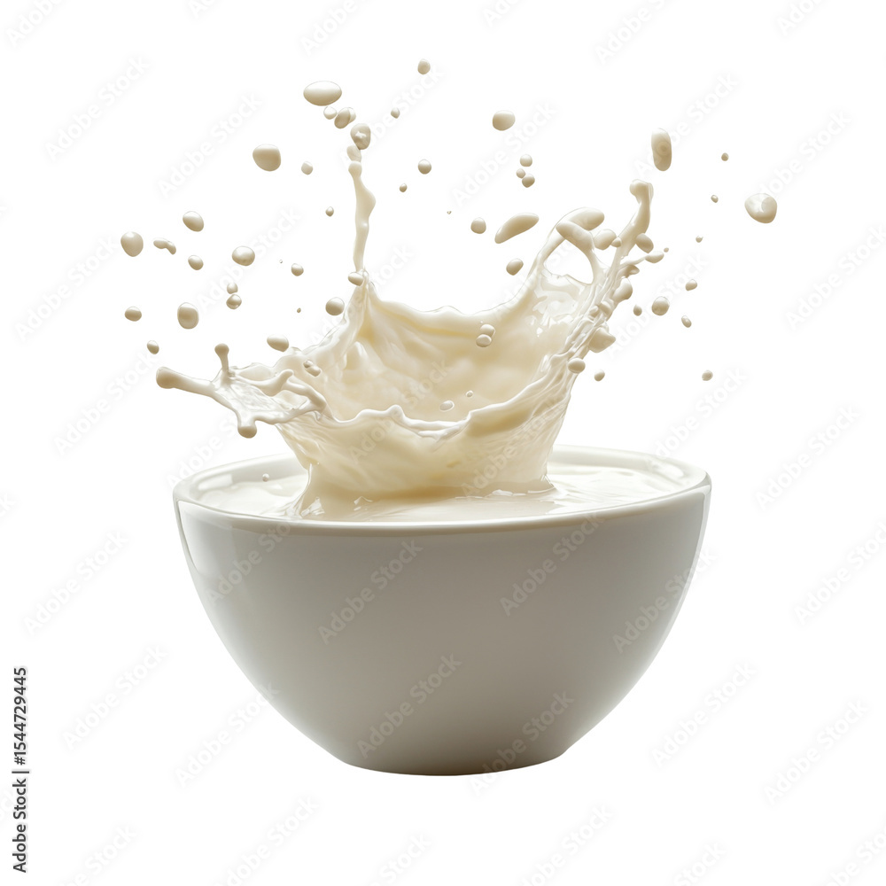 Poster creamy milk splashes dramatically from white bowl, creating captivating scene of motion and texture.