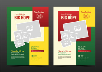 Creative charity flyer template with photo frame design for fundraising and donation events in red and green color theme