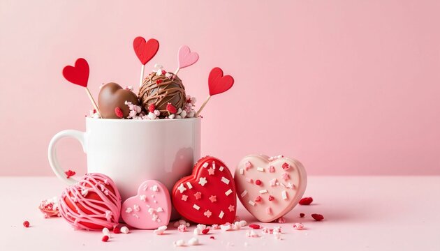 Heart-shaped cookies and chocolate ice cream in white mug for Valentine's Day - Powered by Adobe