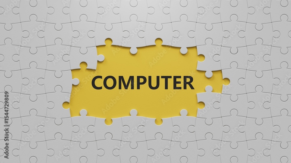 Poster computer.the white puzzle pieces with missing pieces spelling.flat lay view from above on the white 