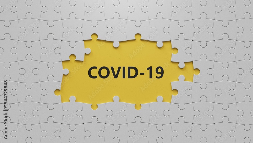 Aufkleber covid-19. spelling.flat lay view from above on yellow background with buttons