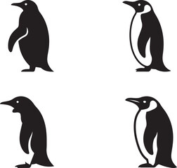 Naklejka premium Four Black Silhouette Penguins Different Poses silhouettes