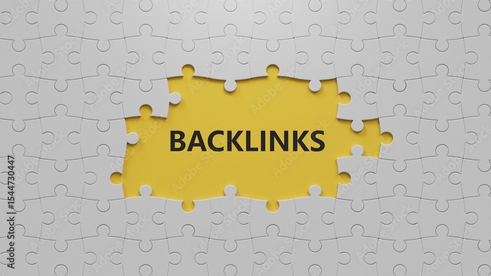Poster backlinks - conceptual text with the white puzzle pieces with missing pieces.3d rendering on yellow 