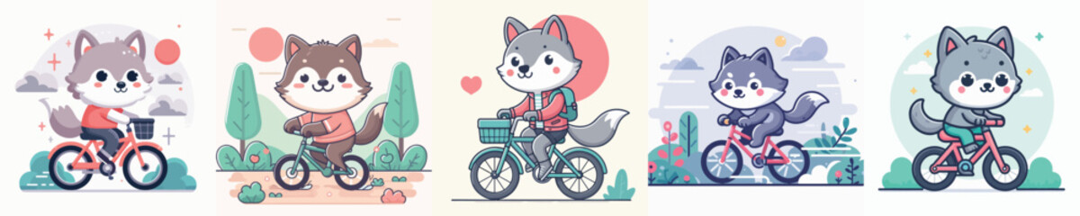cute wolf riding a bike vector