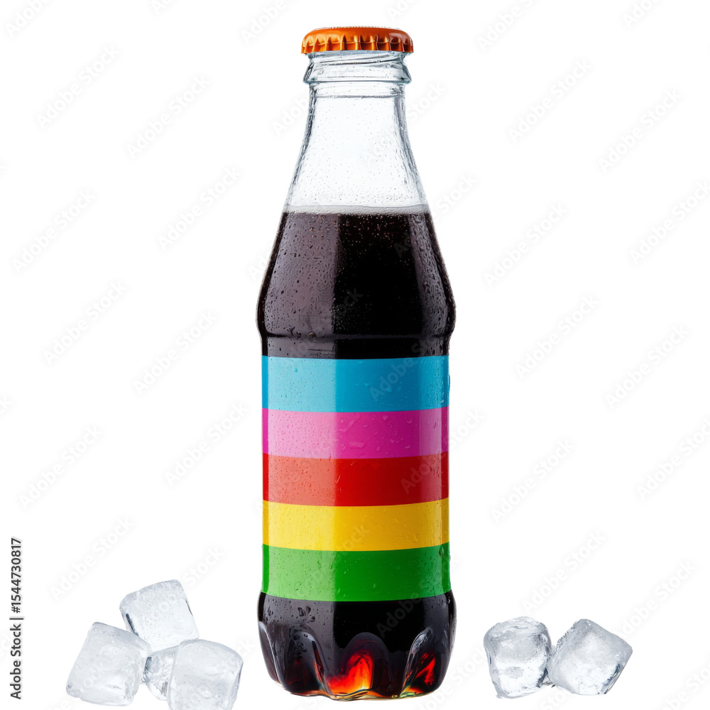 Poster refreshing soda bottle with colorful stripes and ice cubes