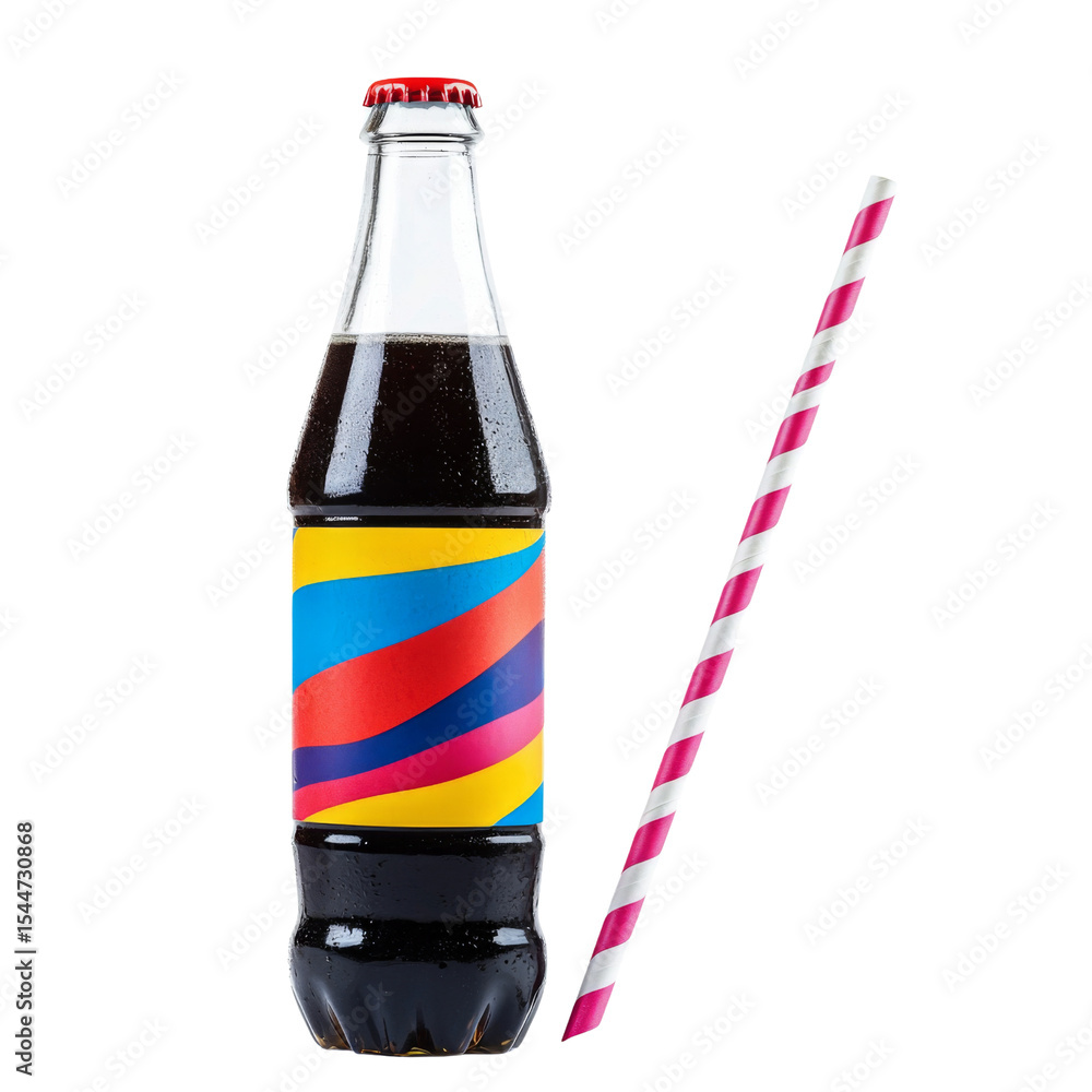 Poster refreshing soda bottle with colorful label and striped straw