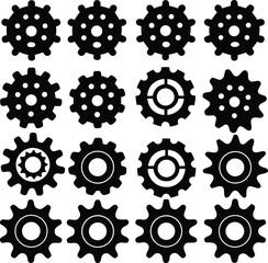 Collection of sixteen black and white gear icons with varying tooth counts and internal designs