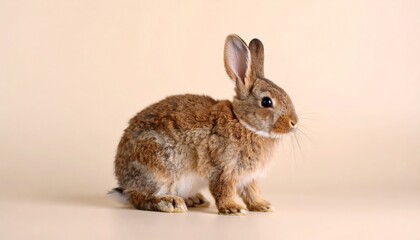 Obraz premium A charming brown rabbit sits alertly on a plain beige backdrop, showcasing its soft fur texture.