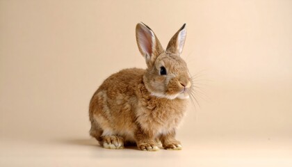 A charming brown rabbit sits attentively against a muted beige backdrop in a simple studio setting.