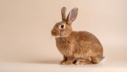 A charming brown rabbit sits attentively against a soft beige backdrop, showcasing detailed fur.
