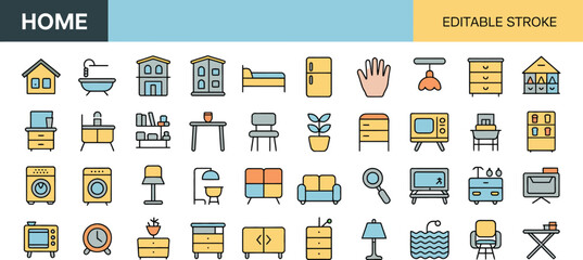Home icons represent furniture interior design and household appliances