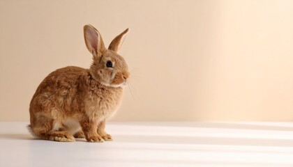 Fototapeta premium A charming brown rabbit sits regally on a plain backdrop, its fur beautifully detailed and soft.