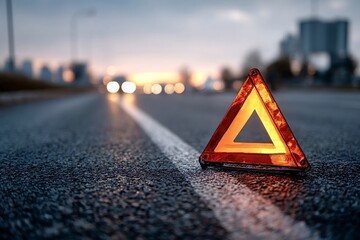 Red warning triangle placed on asphalt road during sunset, indicating a car breakdown or accident, with blurred city lights in the background emphasizing the need for caution and assistance