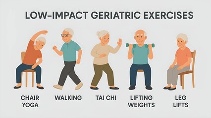 Geriatric exercise concept. Low-impact exercises for seniors illustrated step-by-step.