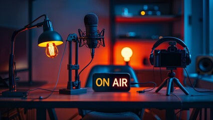 Naklejka premium A modern podcast setup in a dimly lit room with a cozy atmosphere 