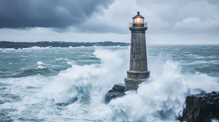 Stormy Sea with Lighthouse Illuminating Waves and Dark Clouds during Heavy Weather, Capturing the Power of Nature and Maritime Resilience