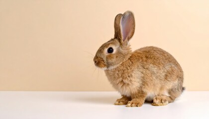 A charming, fluffy brown rabbit attentively sits against a clean, neutral background looking right.
