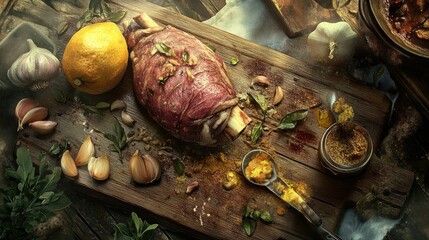 Fresh raw meat on wooden cutting board with garlic, herbs, spices, and lemon resting in rustic kitchen setting with natural light