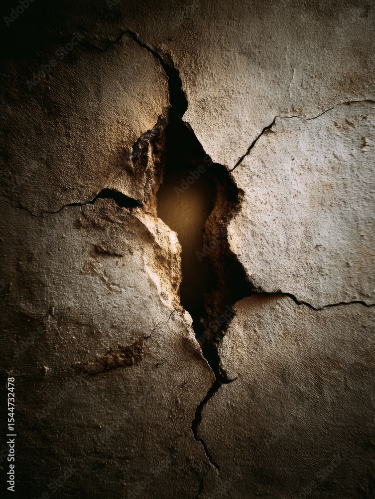 Poster crack in the wall revealing a dark void hinting at hidden mysteries behind an old structure