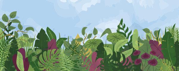Tropical forest background. Nature green leaves, exotic plants, botanical border, horizontal floral banner, card design. 