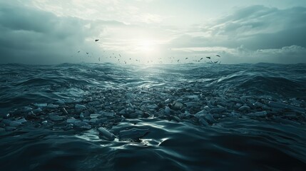 Fototapeta premium Ocean Pollution with Debris and Plastic Waste Under Dramatic Sky with Clouds at Dusk Creating a Somber Atmosphere of Environmental Concern