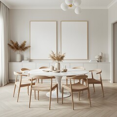 Minimalist dining room with marble table and mockup frames