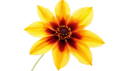High-resolution image of a single blooming Coreopsis tinctoria flower with vibrant yellow petals and dark red center,Transparent background, PNG file