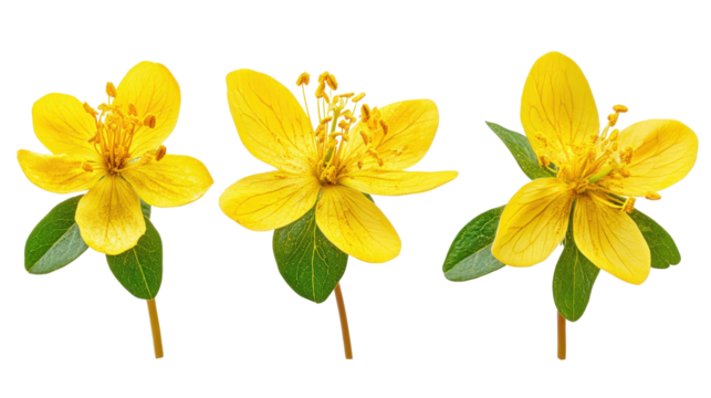 Hypericum monogynum flowers frontal view, isolated set with perfect cut edges and high resolution clarity,Transparent background, PNG file