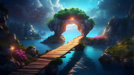 A glowing enchanted bridge leading to a mystical floating island, fantasy and mythology desktop wallpaper backdrop, cinematic HDR vibrant theme colors, promo movie sales poster banner book cover