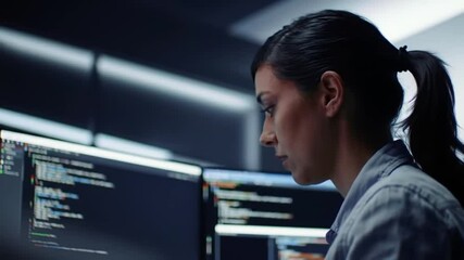 Focused cybersecurity professional examining code on multiple computer screens - Powered by Adobe