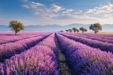 Tranquil lavender fields in full bloom under clear blue skies, ideal imagery for relaxation, wellness, and holistic lifestyle themes, captivating countryside scenery for nature enthusiasts