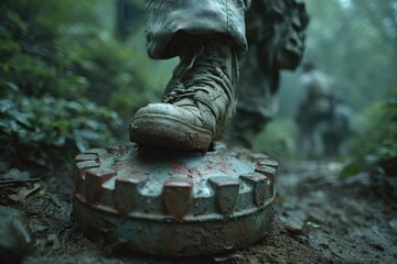 Soldier carefully placing a boot on an anti personnel mine during a dangerous patrol in a dense jungle, emphasizing the risks faced by military personnel in hostile environments