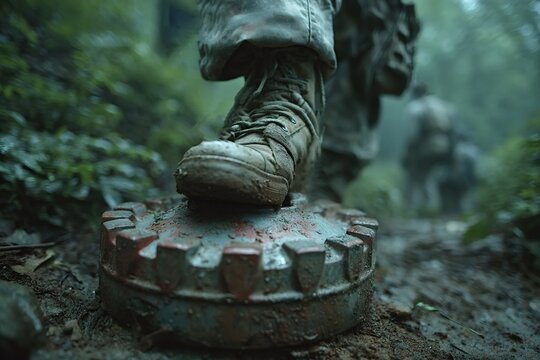 Soldier carefully placing a boot on an anti personnel mine during a dangerous patrol in a dense jungle, emphasizing the risks faced by military personnel in hostile environments