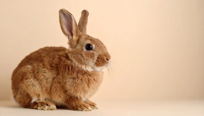 Obraz premium A focused brown rabbit sits against a beige backdrop displaying its soft fur and gentle shadows.